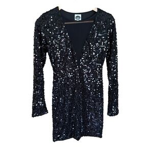 Y2K Deb Black Dress Sequin Dress  deep V-neck Retro Whimsigoth Morquette Size S